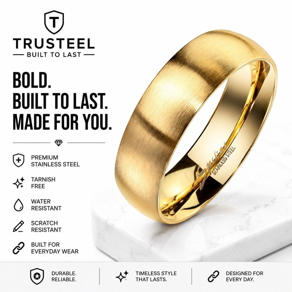 Women’s 316L Stainless Steel Ring Band Comfort Fit Gold 6mm Size 7